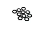 A cluster of ten small, thin, black circular shims or washers arranged on a white background.