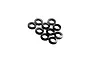 A cluster of ten small, black circular shims or washers arranged on a white background.