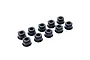A set of ten small black plastic suspension bushings or ball cup inserts arranged on a white background.