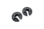 Two black circular RC shock spring retainers with a slotted design, isolated on a white background.