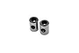 Two small cylindrical metal RC driveshaft studs with internal threading and a side hole, isolated on a white background.