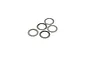 Five small, circular stainless steel shims arranged on a plain white background.