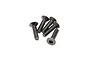 Five small black metal countersunk head screws with hex drive sockets, arranged in a cluster against a white background.