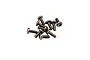 A small pile of silver-colored metal button head screws with hex drive sockets, isolated on a white background.