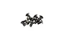 A small pile of ten metal button head screws with hex drive sockets, isolated on a white background.