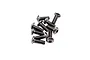 A small pile of silver-coloured metal button head screws with hex drive sockets, isolated on a white background.