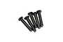 Five black metal button head screws arranged in a row against a white background.
