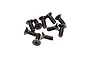 A cluster of nine black metal countersunk head screws with hexagonal drive sockets, isolated against a white background.