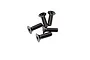 A group of five black metal countersunk head screws with hex drive sockets, isolated on a white background.