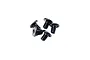 A cluster of four black low-profile button head screws with hex drive sockets, isolated on a white background.