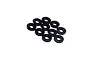 A collection of ten small, black circular shims or washers arranged on a plain white background.