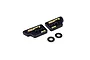 Two black RC Maker brass rear weights with gold branding and two carbon fiber washers on a white background.