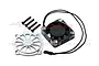GPM Racing cooling fan with silver aluminium shroud, four mounting screws, and black wiring harness on a white background.