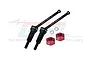 A pair of black carbon steel RC rear driveshafts with red aluminium wheel hexes and small washers against a white background.