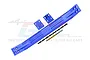 A blue anodized aluminium chassis brace set for an RC car, including two smaller mounting blocks, several black screws, and a drill bit.