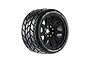 A single Louise MT-Rocket RC monster truck tyre mounted on a black spoked rim with gold-coloured hex bolts, isolated on a white background.
