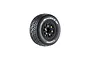 A single Louise SC-Rocket M short course RC tyre mounted on a black spoked rim with gold-coloured hex bolts, isolated on a white background.