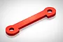 A red anodized aluminium suspension arm pin brace for an RC car, featuring a flat bar design with circular mounting holes at each end.