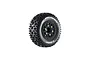 A single Louise SC-Pioneer RC short course tyre mounted on a black spoked wheel with gold-coloured lug nuts, isolated on a white background.