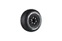 A single Louise SC-Maglev short course RC tyre mounted on a black spoked rim with gold-coloured hex bolts, isolated on a white background.