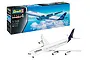 Revell 1/144 scale Airbus A340-300 Lufthansa model kit box and a fully assembled and painted model airplane.