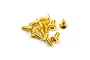 A small pile of gold-colored countersunk head screws with hex drive sockets, isolated on a white background.