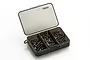 A Yeah Racing titanium screw set for Tamiya VQS in a clear plastic storage box with three compartments.