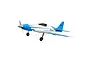 E-Flite V1200 RC plane in blue and white livery, featuring a sleek aerodynamic design, propeller, and landing gear against a white background.