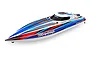 Traxxas Disruptor VXL-4s RC speed boat with a white, blue, and red racing livery against a white background.