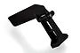 A black plastic RC boat tail rudder assembly with a mounting bracket and metal screw, isolated on a white background.