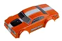 A bright orange Team Associated 1/28 scale DR28 RC car body shell with white racing stripes, black hood scoop, and sponsor decals on a white background.