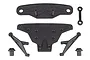 A set of black plastic RC car front bumper components including a main bumper plate, support braces, and mounting posts on a white background.