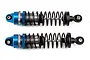 Two Team Associated adjustable RC rear shock absorbers featuring blue anodized aluminum collars and gunmetal grey bodies with black springs.