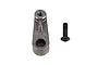 A grey metal 25T servo horn and a black machine screw isolated on a white background.