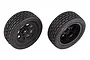 Two Team Associated RC street stock front tyres pre-glued onto black plastic wheels, viewed from different angles against a white background.