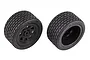 Two Team Associated RC street stock rear tyres pre-glued onto black multi-spoke rims, shown from different angles against a white background.