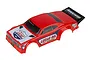 A red Team Associated DR28 RC car body shell with Lucas Oil branding, featuring a black rear spoiler and detailed decals on a white background.
