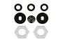 A set of RC slipper clutch components including metal washers, a locking nut, and hexagonal friction pads on a white background.
